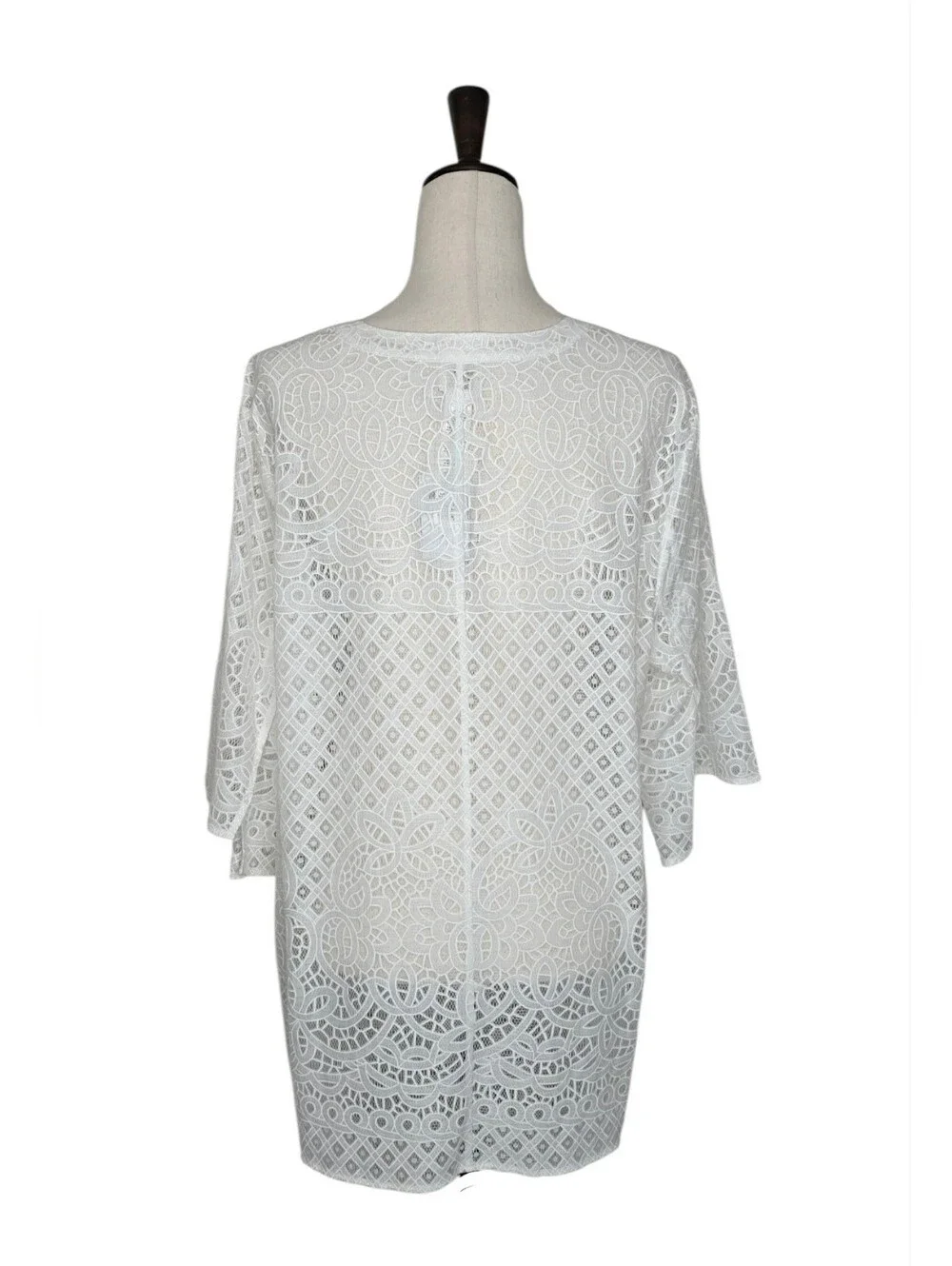 Chico's White Open Lace Split Notched V-neck 3/4 Sleeve Tunic Top Size XL - Picture 4 of 9